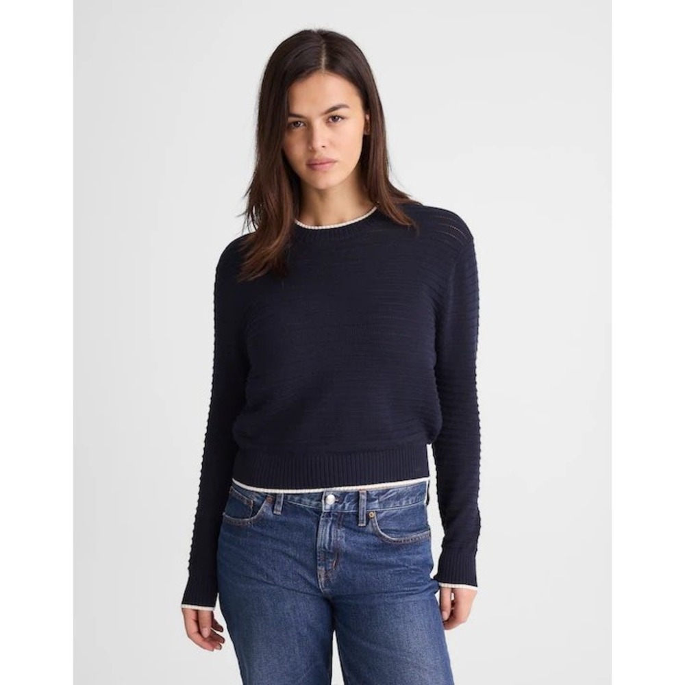 Madewell Navy Blue Pointelle Striped Cotton Sweater Cream Trim NZ318 XXS NEW